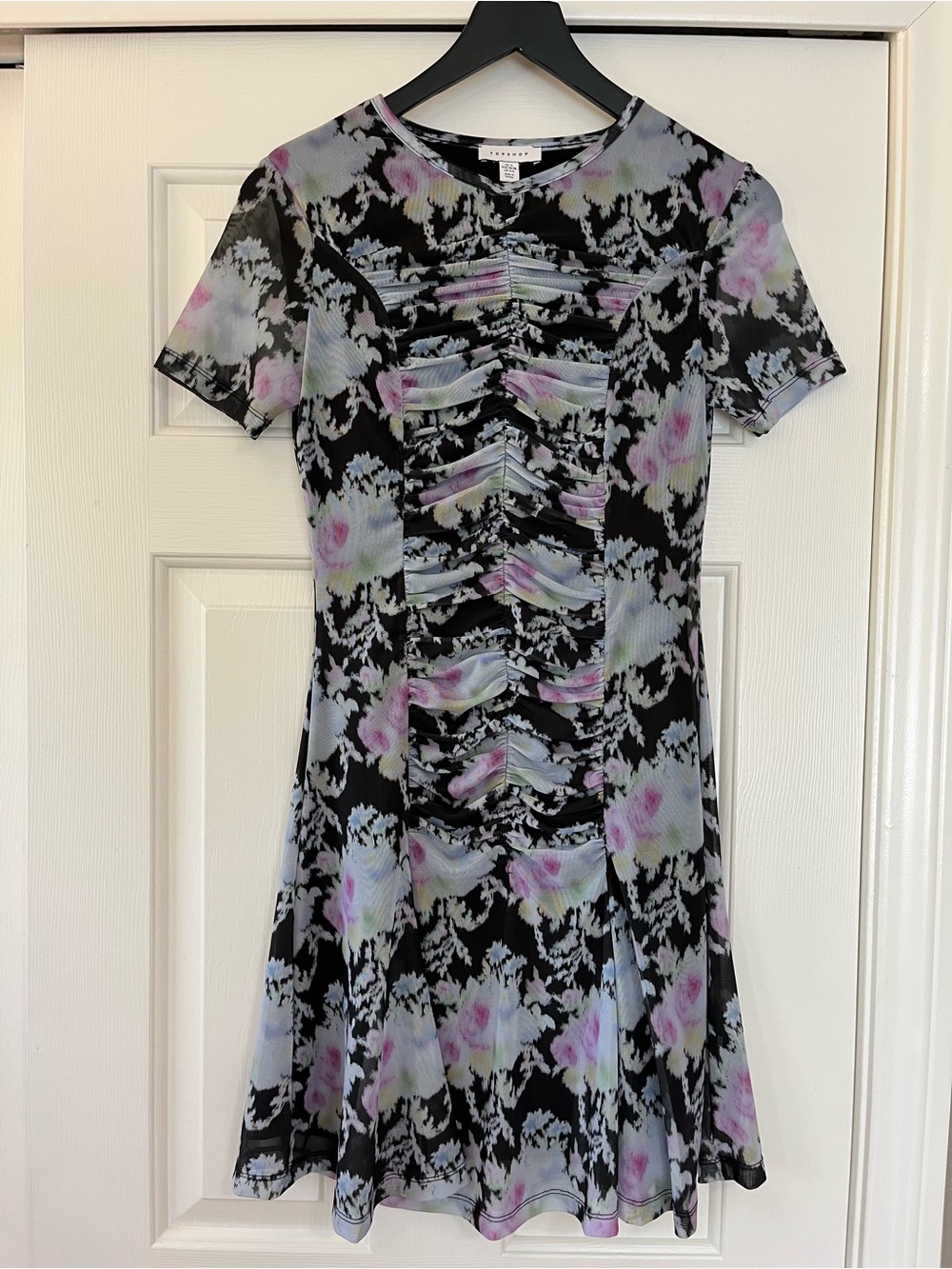 Topshop Floral Ruched Mini Dress 4-6 Black and Lavender